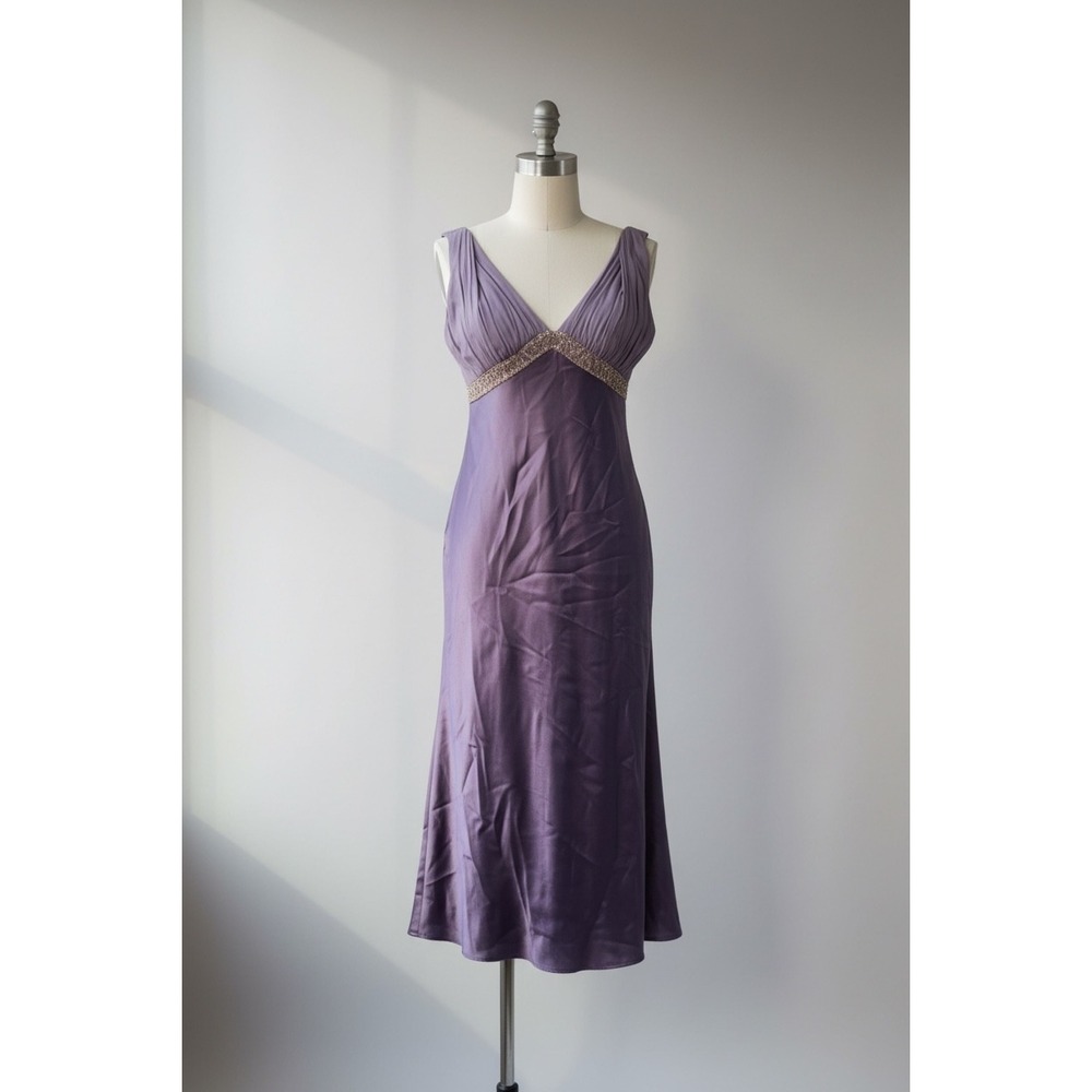 Adrianna Papell Lavender Purple Midi Dress with Beaded Waist